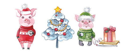  Christmas elements, pig mom with a piglet and an elegant Christmas tree. Symbol of the year 2019.