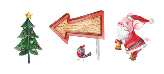 Fototapeta premium Christmas elements, bullfinch, elegant Christmas tree, pointer, a pig in a suit of Santa Claus.