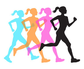 Fototapeta na wymiar four silhouette of running women profile black, orange pink and blue overlay, fitness concept, vector eps10 illustration