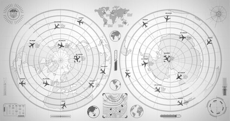 Detailed black military radar with two displays with with planes traces and target signs on white