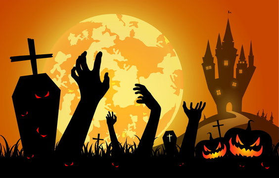 illustration  halloween festival on sunset background,full moon on dark night with silhouette zombie hand up from the grave,many ghost and devil walking to castle for celebration halloween day