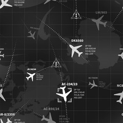 Detailed black and white radar display with planes routes and target signs seamless pattern