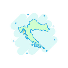 Vector cartoon Croatia map icon in comic style. Croatia sign illustration pictogram. Cartography map business splash effect concept.