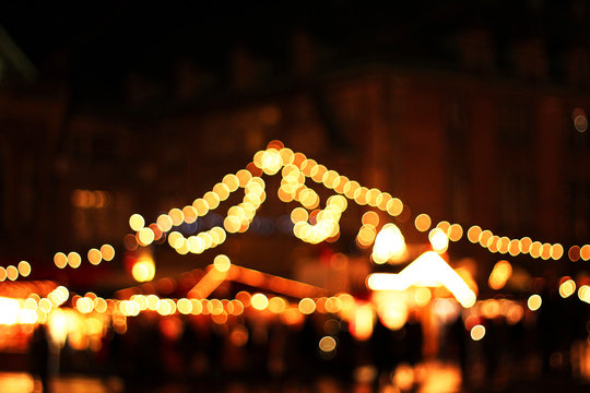 Night at Bremen Christmas market with Christmas lights. Blurred bokeh lights for background