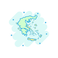 Vector cartoon Greece map icon in comic style. Greece sign illustration pictogram. Cartography map business splash effect concept.