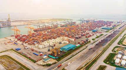 Logistics and transportation of Container Cargo ship and Cargo import/export and business logistics,Aerial view from drone