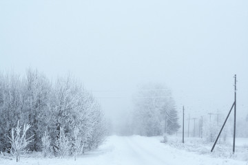 Magical winter scene with white mistand road disappearing to mist. power lines on side of the road