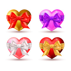 Vector illustration. Set of realistic hearts with bow. Valentine’s day design. Red, pink, violet, gold heart isolated on white