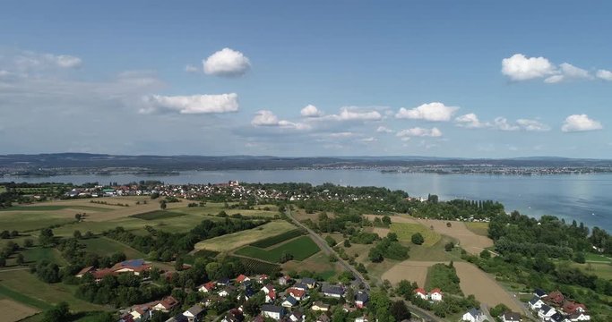 Aerial view Lake Constance and Horn and island Reichenau in the background 4K