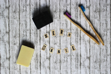 zero waste hygiene products on wooden background