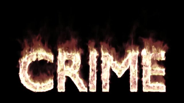 Animated burning or engulf in flames all caps text crime. Fire has transparency and isolated and easy to loop. Black background, mask included.