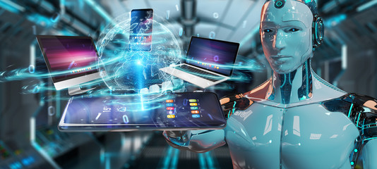 Modern devices connected in robot hand 3D rendering