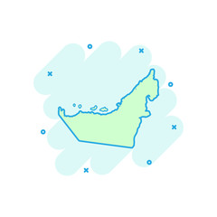 Naklejka premium Vector cartoon United Arab Emirates map icon in comic style. United Arab Emirates sign illustration pictogram. Cartography map business splash effect concept.