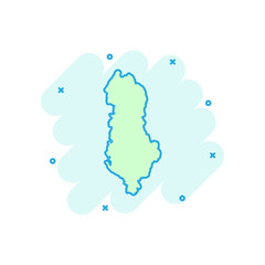 Vector cartoon Albania map icon in comic style. Albania sign illustration pictogram. Cartography map business splash effect concept.