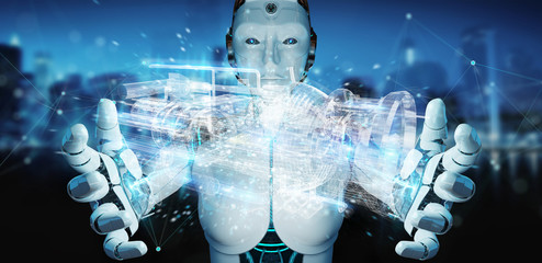 Cyborg using wireframe holographic 3D digital projection of an engine