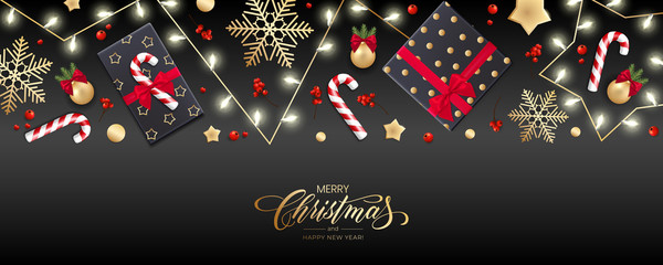 Holiday's Background for Merry Christmas and Happy New Year greeting card with Christmas lights, gold stars, snowflakes, gift box