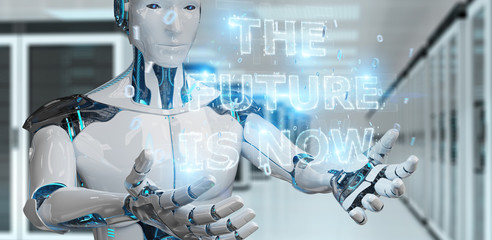 White cyborg using future decision text interface 3D rendering