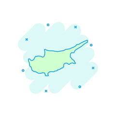 Vector cartoon Cyprus map icon in comic style. Cyprus sign illustration pictogram. Cartography map business splash effect concept.