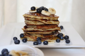 Banana Pancakes with Blueberries & Maple Syrup
