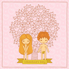 Valentine's Day cartoon card with cute loving couple. Vector hand drawing illustration
