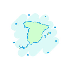 Vector cartoon Spain map icon in comic style. Spain sign illustration pictogram. Cartography map business splash effect concept.
