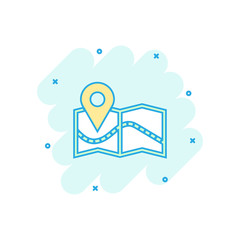 Vector cartoon pin on the map icon in comic style. Map gps sign illustration pictogram. Navigation business splash effect concept.