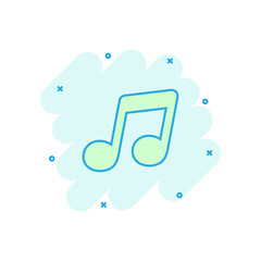 Vector cartoon music icon in comic style. Sound note sign illustration pictogram. Melody music business splash effect concept.
