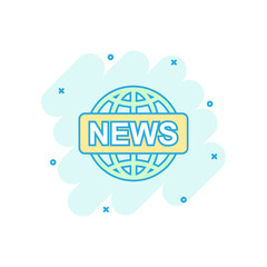 Vector cartoon globe news icon in comic style. World news sign illustration pictogram. Newsletter business splash effect concept.