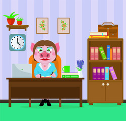 Lady pig in the office. Office worker, Director, boss, Manager. Vector illustration.