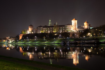 Wawel Castle in the night, reflection, Krakow