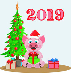 Fototapeta premium The pig is the symbol of 2019. Pig under the tree with presents.