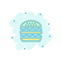 Vector cartoon burger fast food icon in comic style. Hamburger sign illustration pictogram. Burger business splash effect concept.