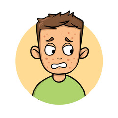 Cartoon young man with red spots on his face. Cartoon design icon. Colorfull flat vector illustration. Isolated on white background.