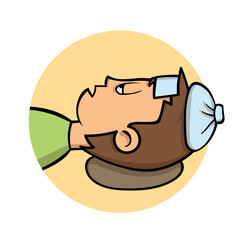 Sick young man lying down with ice pack on his head. Side view, profile. Fever, temperature. Cartoon design icon. Colorfull flat vector illustration. Isolated on white background.