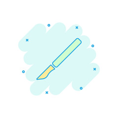 Vector cartoon medical scalpel icon in comic style. Hospital surgery knife sign illustration pictogram. Scalpel business splash effect concept.