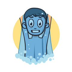 Funny boy under cold shower. Flat design icon. Colorful flat vector illustration. Isolated on white background.