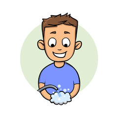 Smiling guy washing hands. Flat design icon. Colorful flat vector illustration. Isolated on white background.