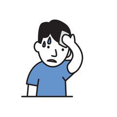 Young sweating man wipes his forehead. Flat design icon. Colorful flat vector illustration. Isolated on white background.