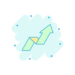 Vector cartoon arrow growing graph icon in comic style. Progress arrow grow sign illustration pictogram. Cursor business splash effect concept.