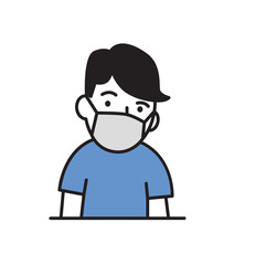 Funny cartoon guy wearing medical mask for respiratory disease protection. Cartoon design icon. Colorfull flat vector illustration. Isolated on white background.