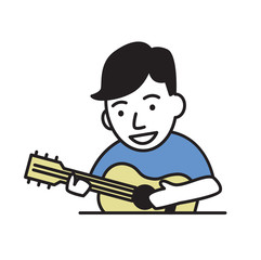 Funny guy playing guitar. Cartoon flat design icon. Flat vector illustration. Isolated on white background.