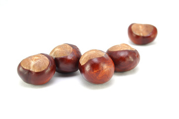 Ripe chestnuts on white background close-up 