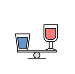Galss of water and bottle of alcohol on scales. Cartoon design icon. Colorful flat vector illustration. Isolated on white background.