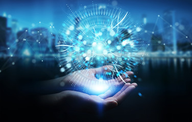 Businesswoman using digital eye surveillance hologram 3D rendering