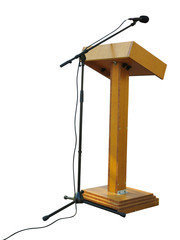 Wooden podium tribune stand rostrum with microphone isolated on white background