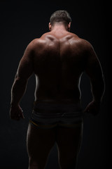 Obraz na płótnie Canvas Muscular man with a powerful back posing on a black background. concept of sports and fitness