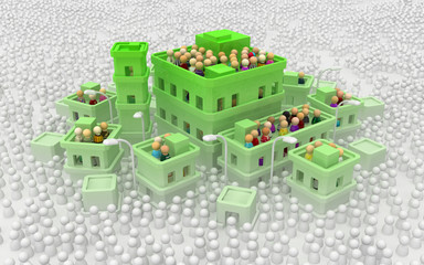 Cartoon Crowd Buildings Town, Roof Green