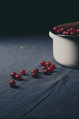 Fresh ripe red cranberries in white pot on the table photographed in low light