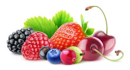 Isolated berries. Pile of fresh fruits (blackberry, raspberry, black currant, blueberry, cranberry, gooseberry, strawberry and cherries) isolated on white background with clipping path