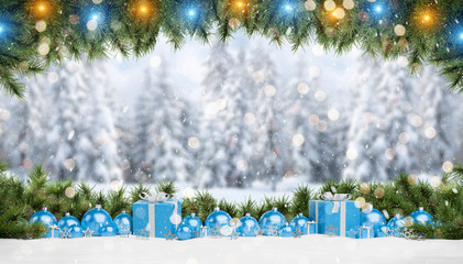 Blue christmas baubles and gifts lined up 3D rendering
